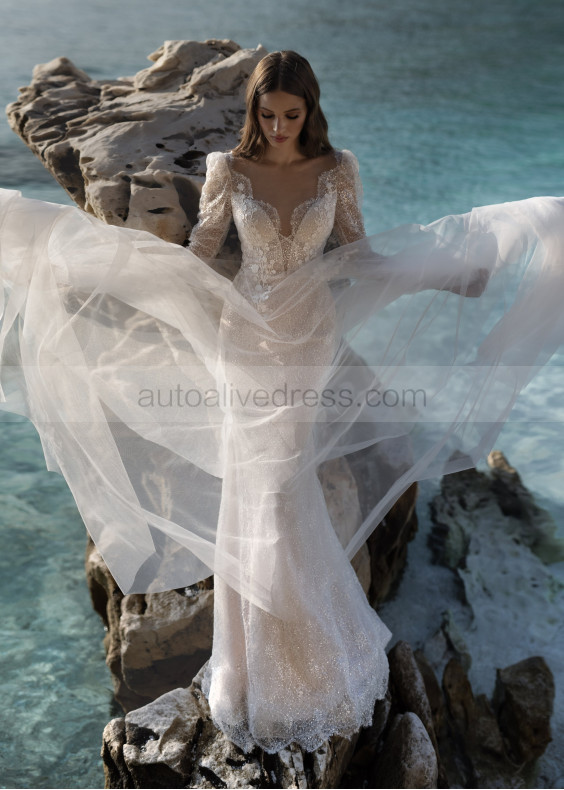 Long Sleeves Ivory Lace Tulle Sparkly Boho Beach Wedding Dress